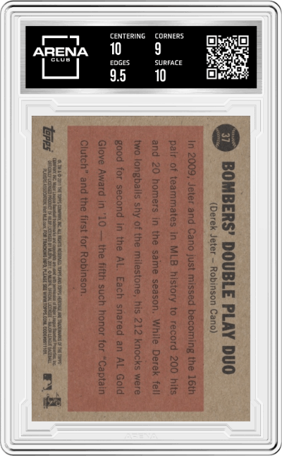 Derek Jeter/ Robinson Cano from the 2011 Topps Heritage set graded by Arena Club and given an overall grade of 9.5.