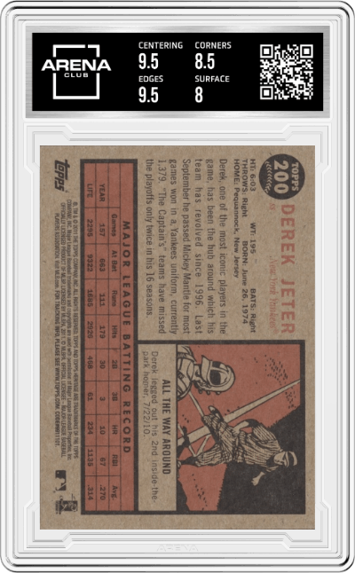 Derek Jeter from the 2011 Topps Heritage set graded by Arena Club and given an overall grade of 8.5.