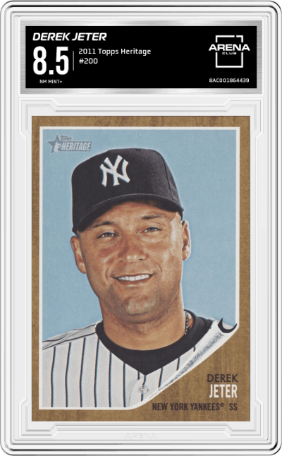 Derek Jeter from the 2011 Topps Heritage set graded by Arena Club and given an overall grade of 8.5.