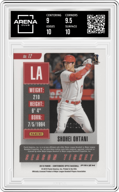 Shohei Ohtani from the 2019 Contenders Optic set featuring a Ruby Wave parallel graded by Arena Club and given an overall grade of 9.5.