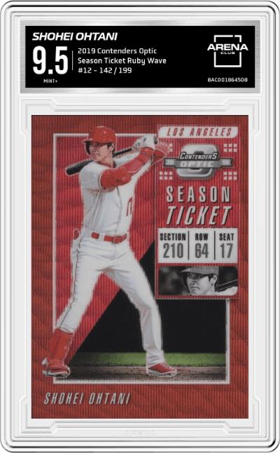 Shohei Ohtani from the 2019 Contenders Optic set featuring a Ruby Wave parallel graded by Arena Club and given an overall grade of 9.5.