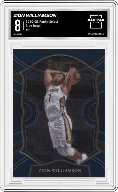 Zion Williamson from the 2020-21 Panini Select  set featuring a Blue Retail parallel graded by Arena Club and given an overall grade of 8.