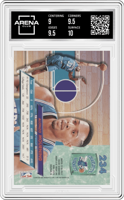 Alonzo Mourning from the 1992-93 Fleer Ultra set graded by Arena Club and given an overall grade of 9.5.