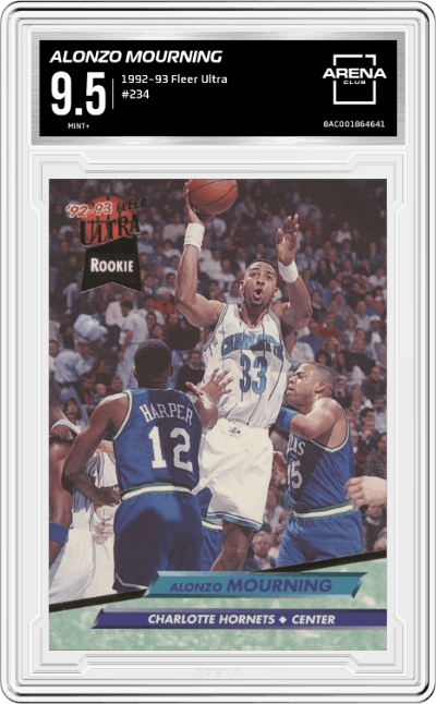 Alonzo Mourning from the 1992-93 Fleer Ultra set graded by Arena Club and given an overall grade of 9.5.