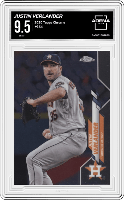 Justin Verlander from the 2020 Topps Chrome set graded by Arena Club and given an overall grade of 9.5.