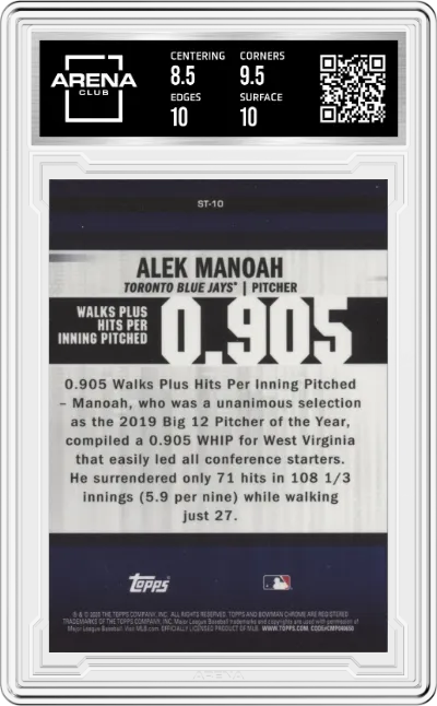Alek Manoah from the 2020 Bowman Chrome set graded by Arena Club and given an overall grade of 9.