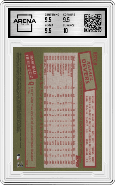 Rafael Devers from the 2020 Topps Chrome set graded by Arena Club and given an overall grade of 10.