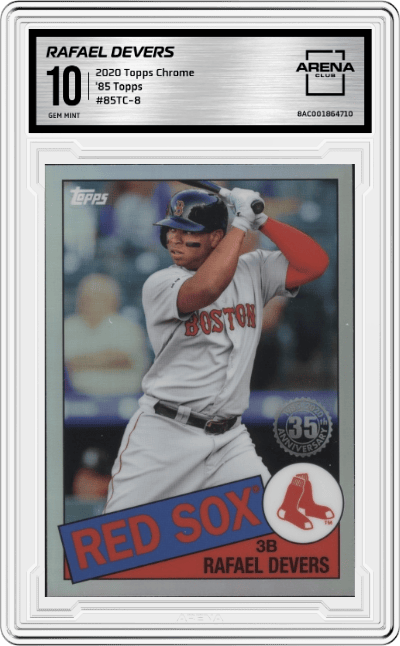 Rafael Devers from the 2020 Topps Chrome set graded by Arena Club and given an overall grade of 10.