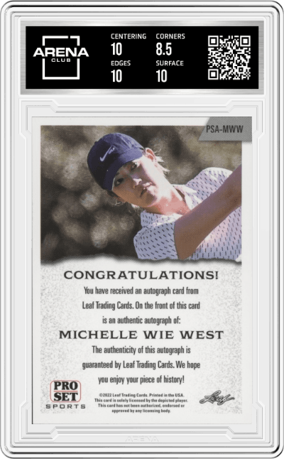 Michelle Wie West from the 2022 Leaf Pro Set Multi Sport set graded by Arena Club and given an overall grade of 9.
