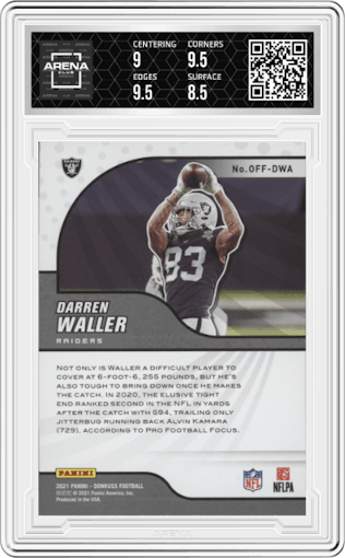 Darren Waller from the 2021 Panini Donruss set graded by Arena Club and given an overall grade of 9.