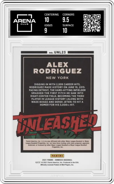 Alex Rodriguez from the 2021 Panini Donruss set featuring a Pink Fireworks parallel graded by Arena Club and given an overall grade of 9.5.