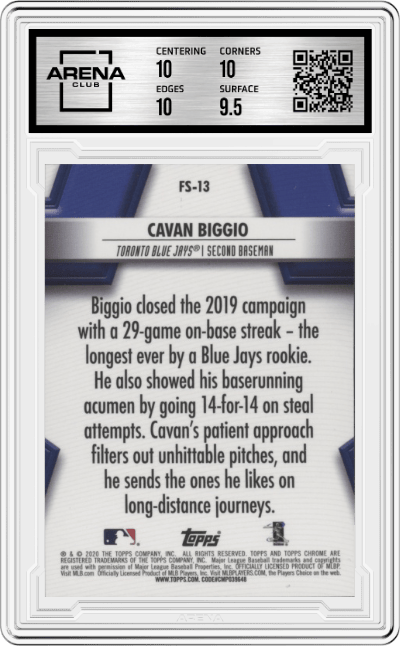 Cavan Biggio from the 2020 Topps Chrome set graded by Arena Club and given an overall grade of 10.