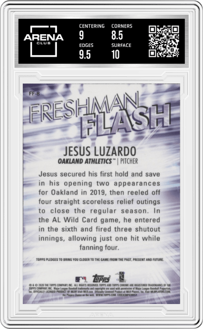 Jesus Luzardo from the 2020 Topps Chrome set graded by Arena Club and given an overall grade of 9.