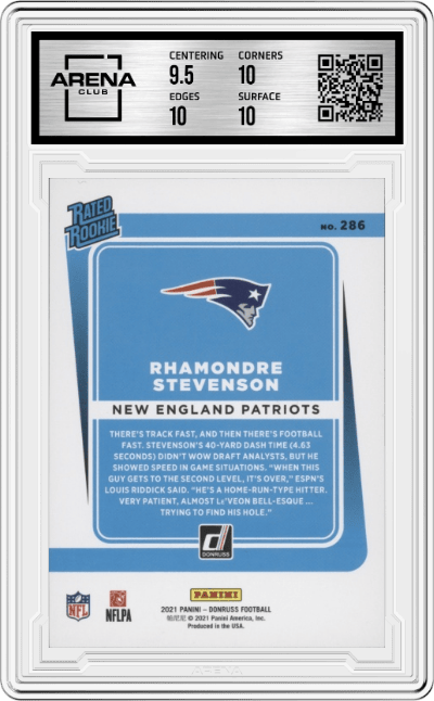 Rhamondre Stevenson from the 2021 Panini Donruss set graded by Arena Club and given an overall grade of 10.