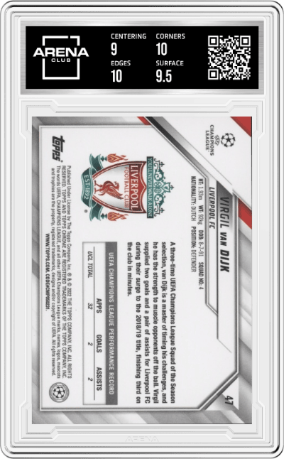 Virgil van Dijk from the 2021-22 Topps Chrome UEFA Champions League set featuring a Black/White Ray Wave Refractor  parallel graded by Arena Club and given an overall grade of 9.5.