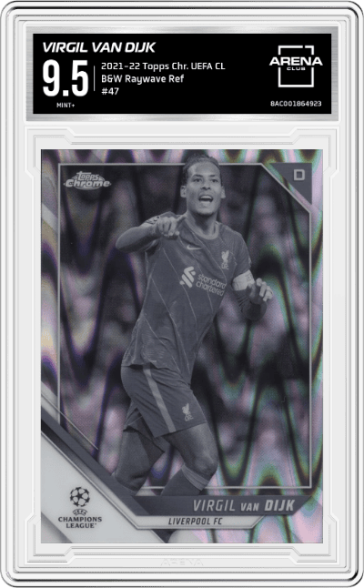 Virgil van Dijk from the 2021-22 Topps Chrome UEFA Champions League set featuring a Black/White Ray Wave Refractor  parallel graded by Arena Club and given an overall grade of 9.5.