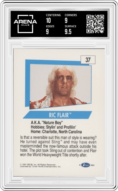 Ric Flair from the 1991 Impel WCW Wrestling  set graded by Arena Club and given an overall grade of 9.5.