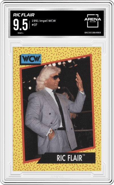 Ric Flair from the 1991 Impel WCW Wrestling  set graded by Arena Club and given an overall grade of 9.5.