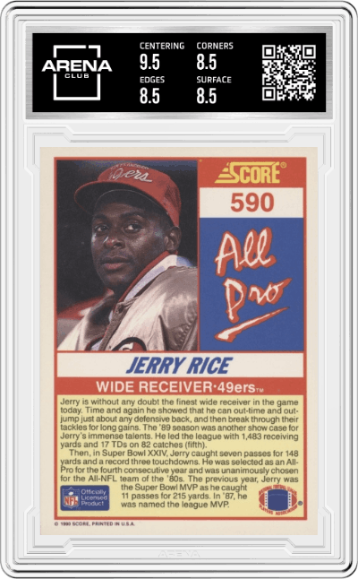 Jerry Rice from the 1990 Score set graded by Arena Club and given an overall grade of 9.