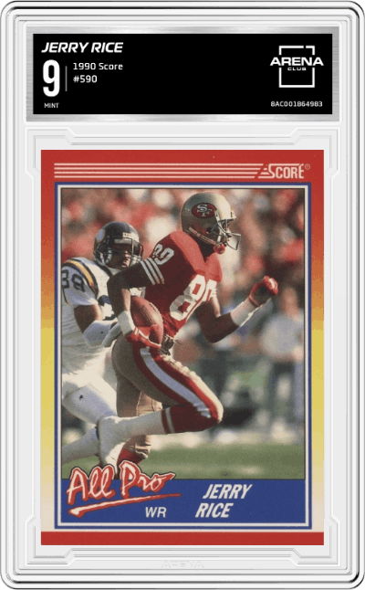 Jerry Rice from the 1990 Score set graded by Arena Club and given an overall grade of 9.