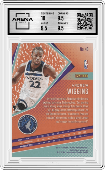Andrew Wiggins from the 2017-18 Panini Revolution set featuring a Chinese New Year parallel graded by Arena Club and given an overall grade of 10.