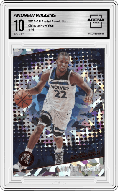 Andrew Wiggins from the 2017-18 Panini Revolution set featuring a Chinese New Year parallel graded by Arena Club and given an overall grade of 10.