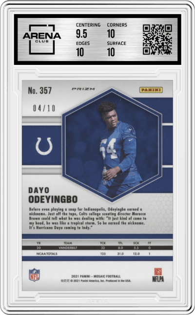 Dayo Odeyingbo from the 2021 Panini Mosaic set featuring a Green Fluorescent parallel graded by Arena Club and given an overall grade of 10.