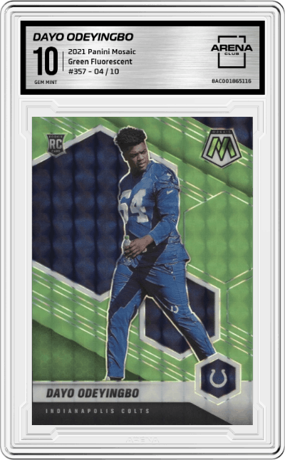 Dayo Odeyingbo from the 2021 Panini Mosaic set featuring a Green Fluorescent parallel graded by Arena Club and given an overall grade of 10.