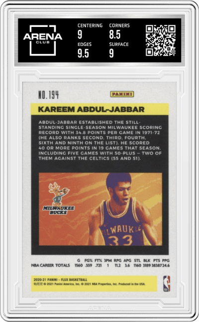Kareem Abdul-Jabbar from the 2020-21 Panini Flux set graded by Arena Club and given an overall grade of 9.