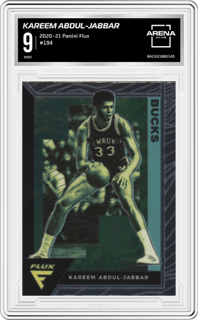 Kareem Abdul-Jabbar from the 2020-21 Panini Flux set graded by Arena Club and given an overall grade of 9.