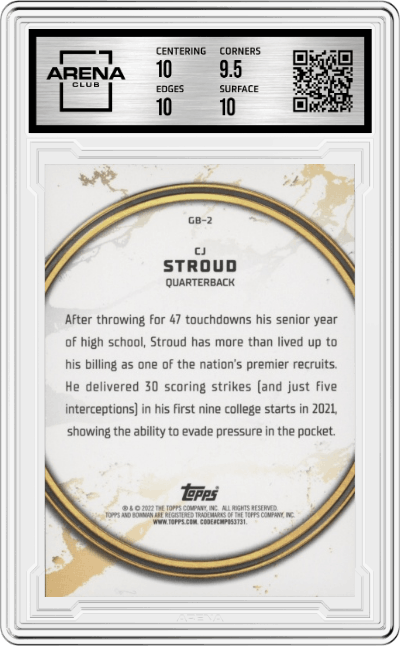 CJ Stroud from the 2021-22 Bowman University set graded by Arena Club and given an overall grade of 10.