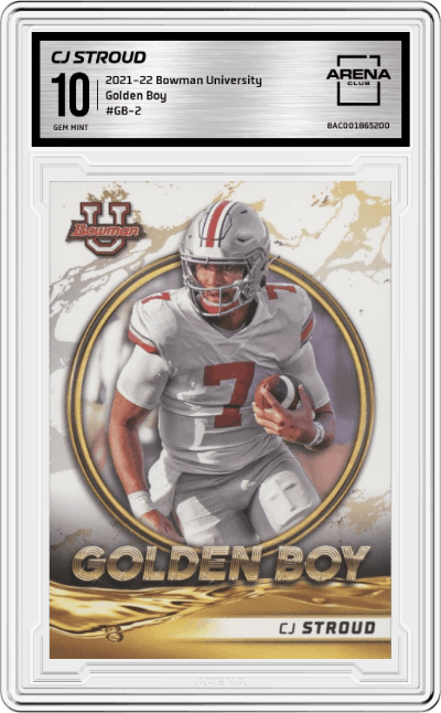 CJ Stroud from the 2021-22 Bowman University set graded by Arena Club and given an overall grade of 10.