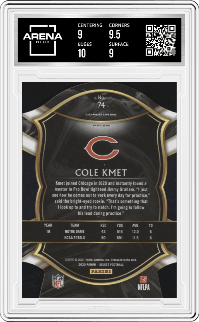 Cole Kmet from the 2020 Panini Select set featuring a Die-Cut Maroon Prizm parallel graded by Arena Club and given an overall grade of 9.5.