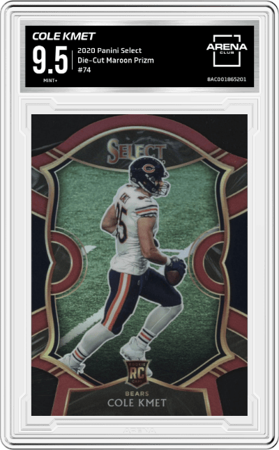 Cole Kmet from the 2020 Panini Select set featuring a Die-Cut Maroon Prizm parallel graded by Arena Club and given an overall grade of 9.5.