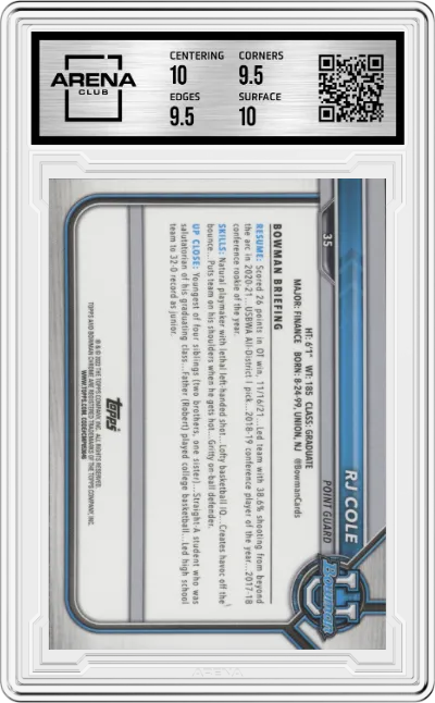 RJ Cole from the 2021-22 Bowman University Basketball set graded by Arena Club and given an overall grade of 10.
