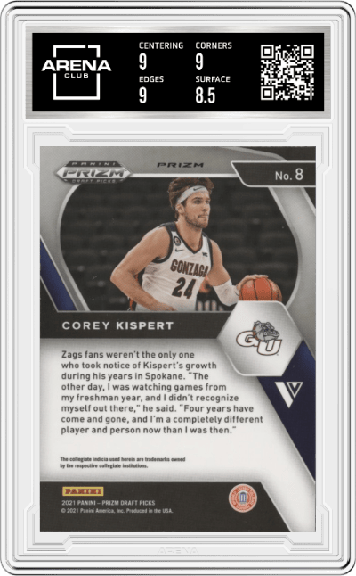 Corey Kispert from the 2021-22 Panini Prizm Draft Picks set featuring a Hyper Prizm parallel graded by Arena Club and given an overall grade of 9.