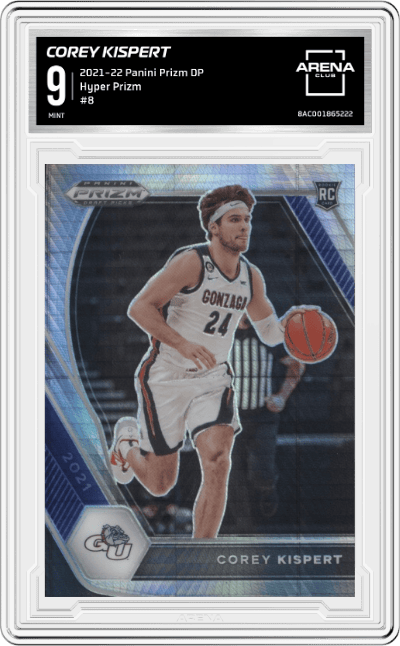 Corey Kispert from the 2021-22 Panini Prizm Draft Picks set featuring a Hyper Prizm parallel graded by Arena Club and given an overall grade of 9.