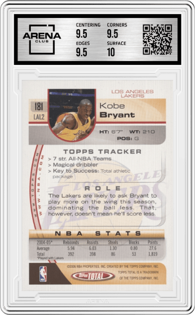Kobe Bryant from the 2005-06 Topps Total set graded by Arena Club and given an overall grade of 10.