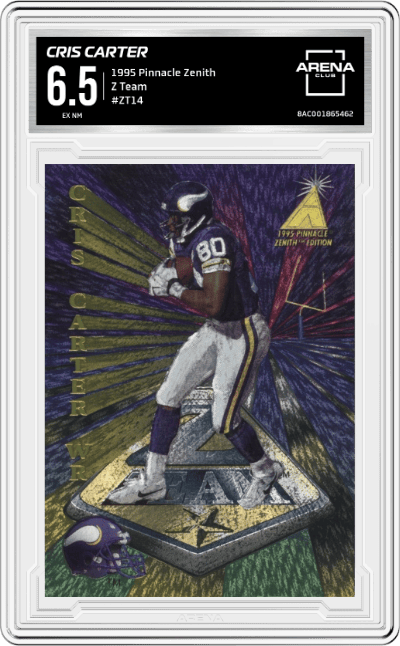 Cris Carter from the 1995 Pinnacle Zenith set graded by Arena Club and given an overall grade of 6.5.
