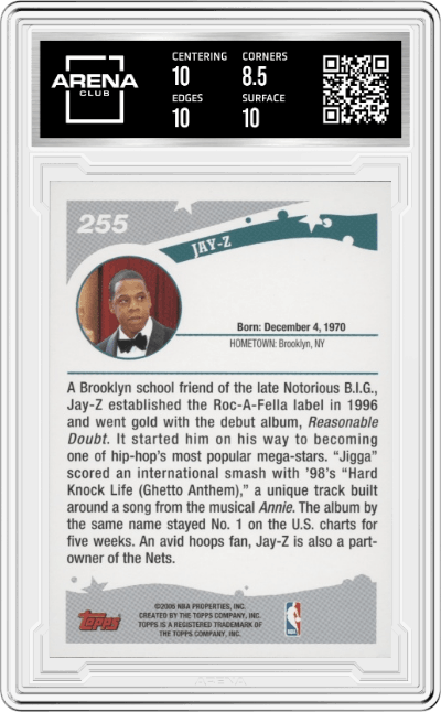 Jay-Z from the 2005-06 Topps set graded by Arena Club and given an overall grade of 9.