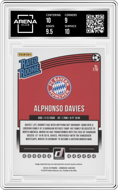 Alphonso Davies from the 2018-19 Panini Donruss set graded by Arena Club and given an overall grade of 9.5.