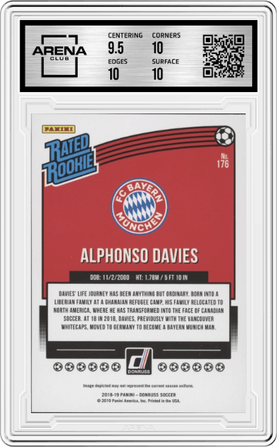 Alphonso Davies from the 2018-19 Panini Donruss set graded by Arena Club and given an overall grade of 10.