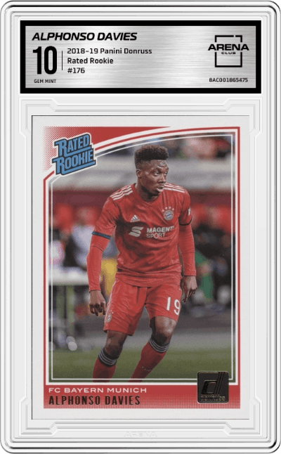 Alphonso Davies from the 2018-19 Panini Donruss set graded by Arena Club and given an overall grade of 10.