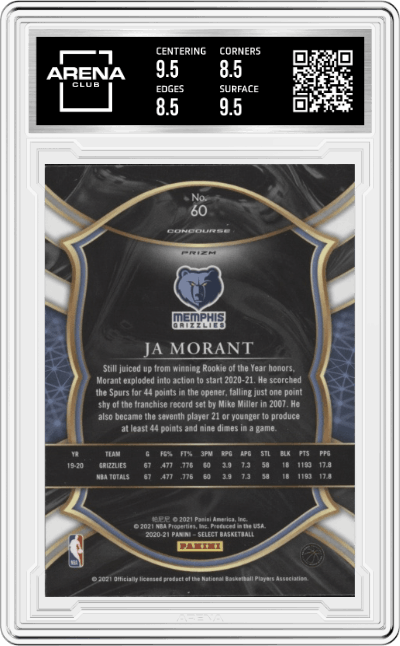 Ja Morant from the 2020-21 Panini Select  set featuring a Silver Prizm parallel graded by Arena Club and given an overall grade of 9.