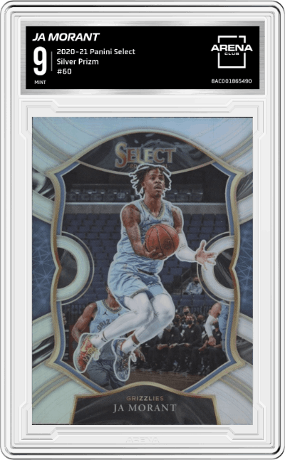 Ja Morant from the 2020-21 Panini Select  set featuring a Silver Prizm parallel graded by Arena Club and given an overall grade of 9.