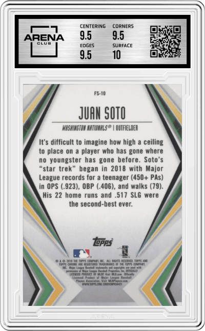 Juan Soto from the 2019 Topps Chrome set graded by Arena Club and given an overall grade of 10.