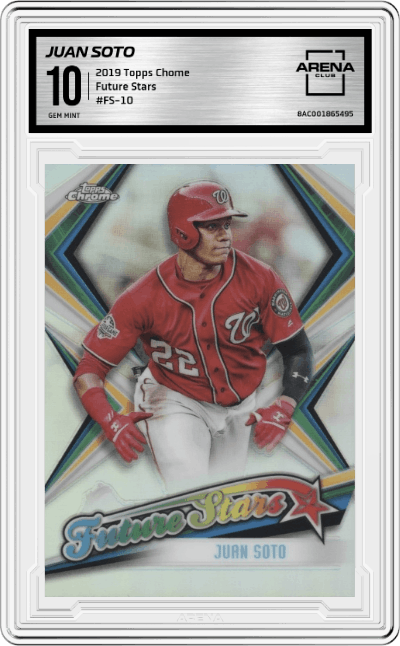Juan Soto from the 2019 Topps Chrome set graded by Arena Club and given an overall grade of 10.