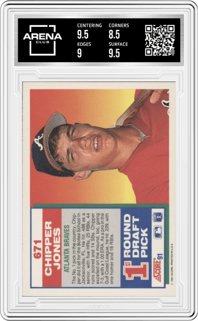 Chipper Jones from the 1991 Score set graded by Arena Club and given an overall grade of 9.