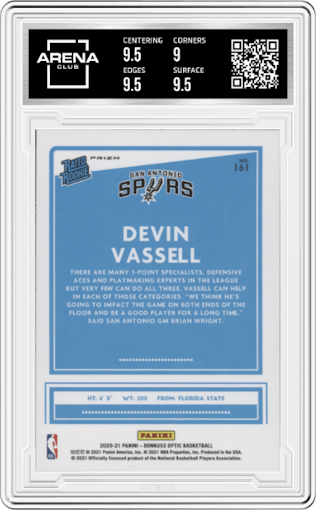 Devin Vassell from the 2020-21 Panini Donruss Optic set featuring a Holo parallel graded by Arena Club and given an overall grade of 9.5.