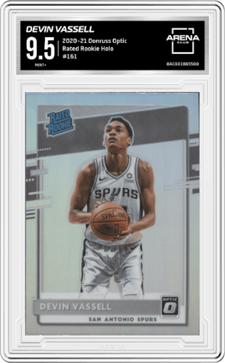 Devin Vassell from the 2020-21 Panini Donruss Optic set featuring a Holo parallel graded by Arena Club and given an overall grade of 9.5.